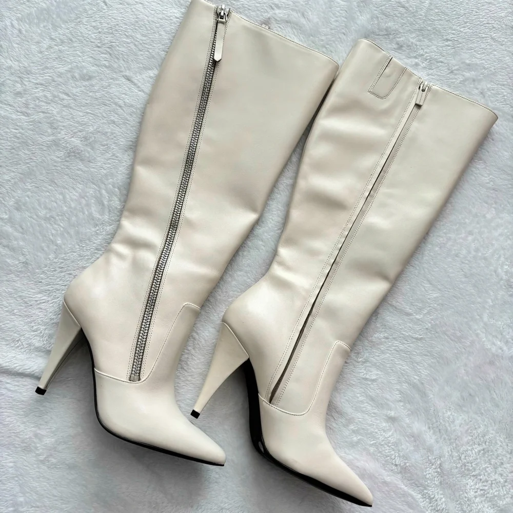 VINCE CAMUTO Alessa Cream Leather Wide Calf Knee High Heeled Boots--NEW--7.5WC - Picture 1 of 14